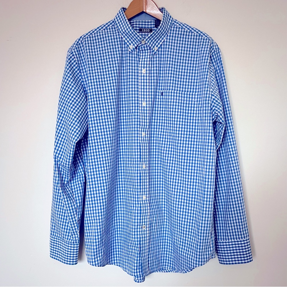 Izod Mens Gingham Dress Shirt Button Front Blue Preppy Classic Office Size Large